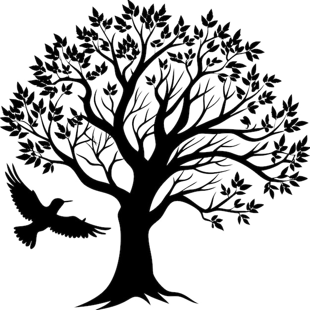 a tree with a bird flying in the sky