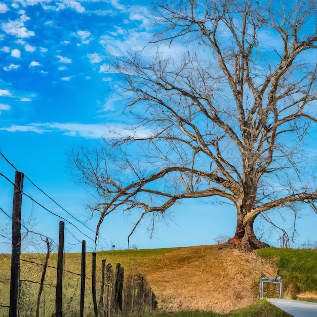 A tree with a blue sign on it