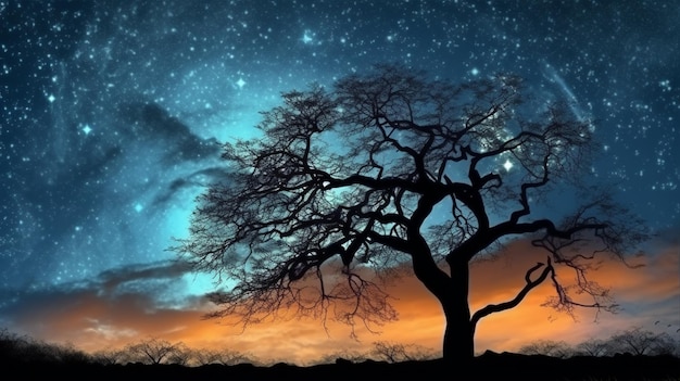 A tree with a blue sky and stars