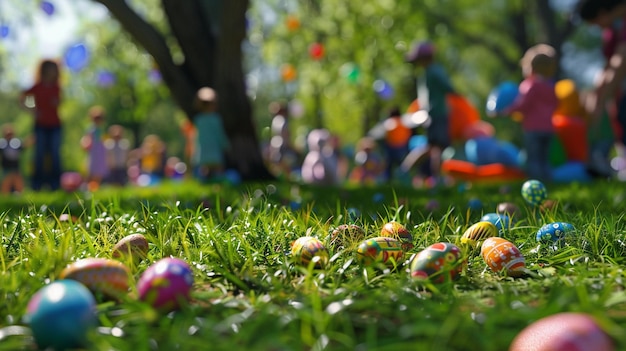 Photo a tree with a bunch of easter eggs in the grass