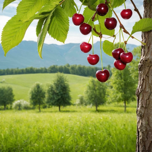 Photo a tree with cherries hanging from it and a tree with a view of the mountains in the background