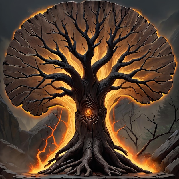 a tree with a circle of fire on it and the word  tree  on it