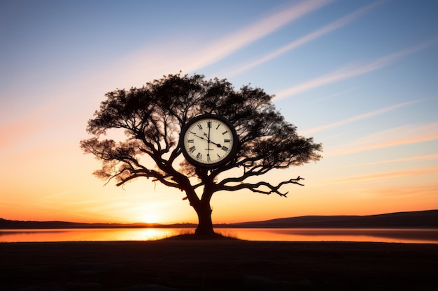 a tree with a clock on it at sunset