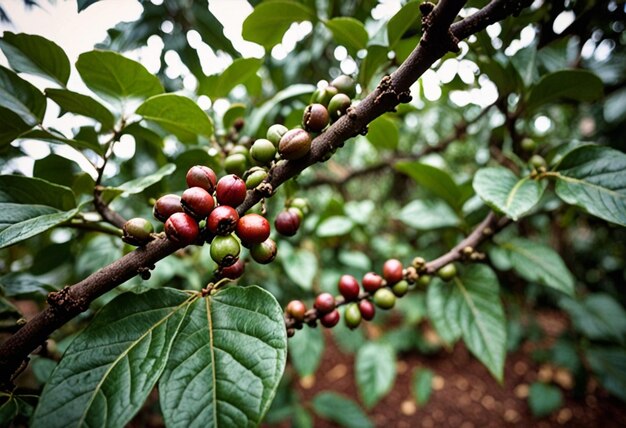 Photo a tree with coffee beans on it and a green plant with red berries