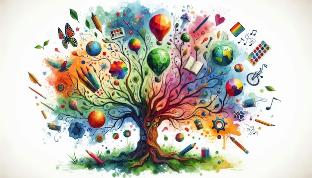 A tree with colorful branches filled with artistic objects symbolizing creativity and knowledge