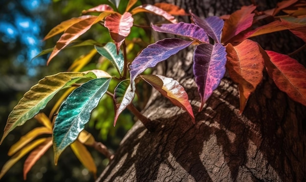 A tree with colorful leaves that have the word love on it