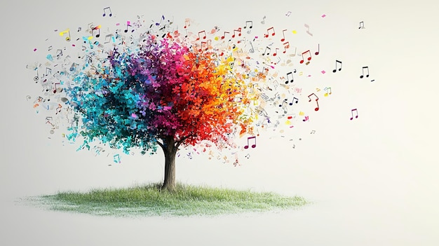 Tree with colorful musical notes scattering outward