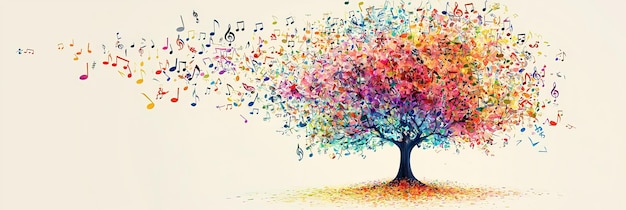 Tree with colorful musical notes spreading sideways elegantly