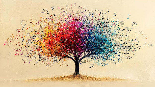 Tree with colorful notes and abstract shapes floating