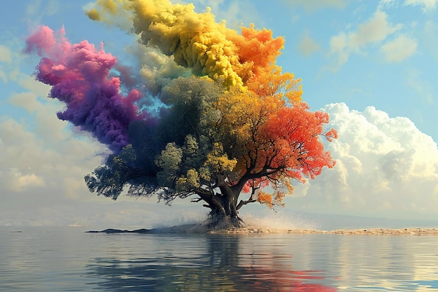 Tree with colorful smoke in the water