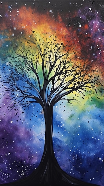 A tree with the colors of the rainbow.