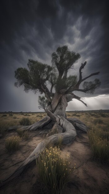 A tree with dark sky in Australia landscape photograph generative AI