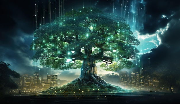 tree with data earth's electrical energy for the environment