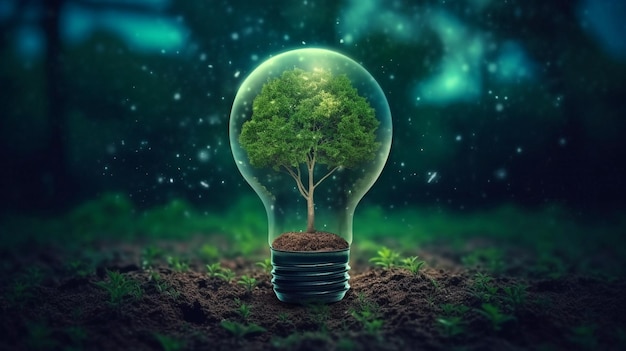 Tree with dirt growing on lightbulb Technology and digital convergence backdrop of the network and blue light Concepts for green computing green technology green IT csr and IT ethics GENERATE AI