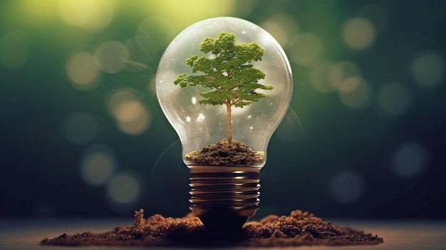 Tree with dirt growing on lightbulb Technology and digital convergence backdrop of the network and blue light Concepts for green computing green technology green IT csr and IT ethics GENERATE AI