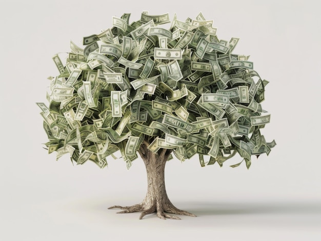 Tree with dollar bills growing as leaves symbolizing financial growth wealth investment and prosperi