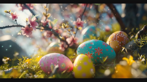 Photo a tree with easter eggs in the background