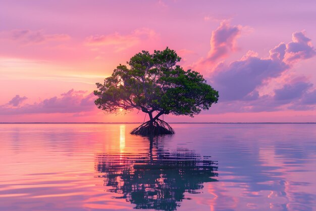 a tree with flowers and a sunset in the background