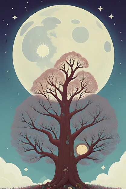 Photo a tree with a full moon in the background