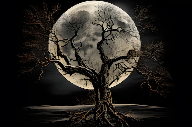 A tree with a full moon in the background