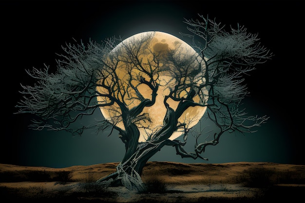 A tree with a full moon in the background