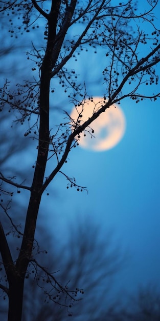 a tree with a full moon in the background