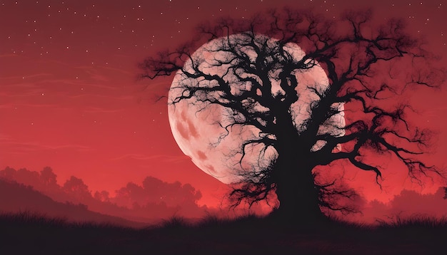 a tree with a full moon in the background