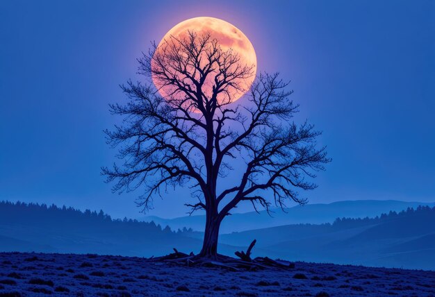 Photo a tree with a full moon in the sky