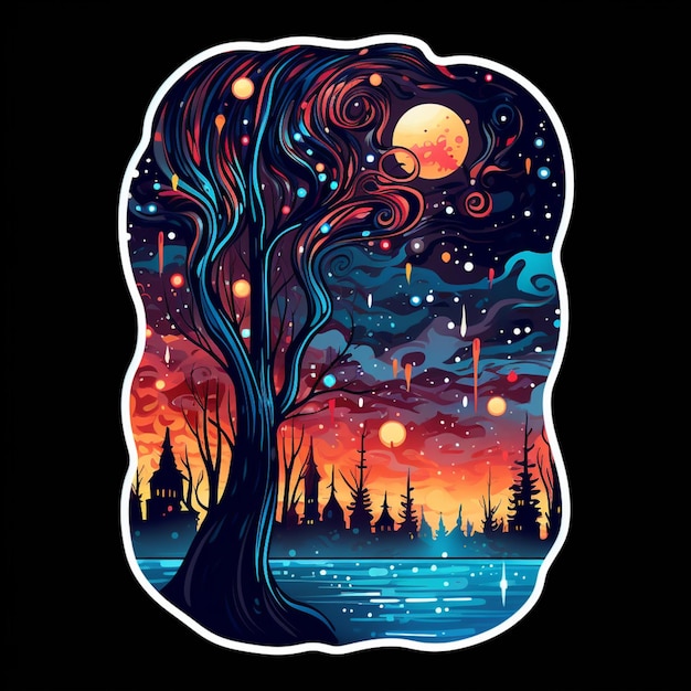 A tree with a full moon and stars in the sky generative ai