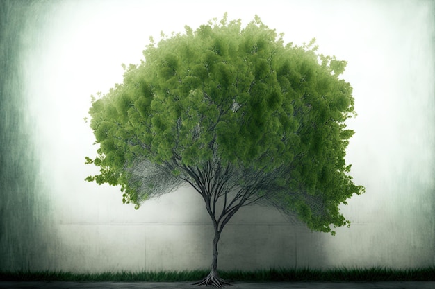 A tree with green leaves against an unclear backdrop