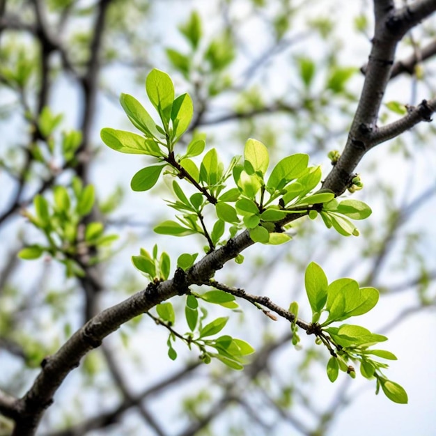 Photo a tree with green leaves and a blue sky behind it