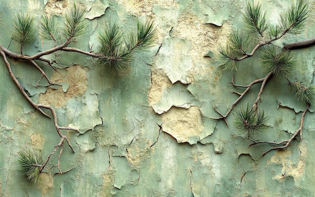 a tree with green leaves on it is growing on a wall