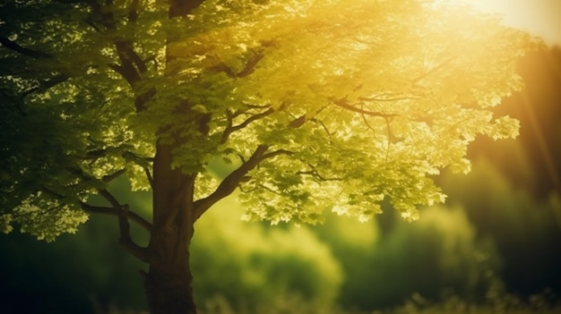 A tree with green leaves and the sun shining on it