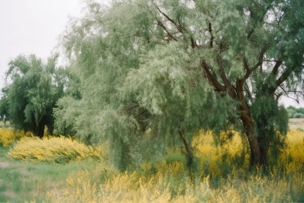 A tree with green leaves and yellow flowers in the background.