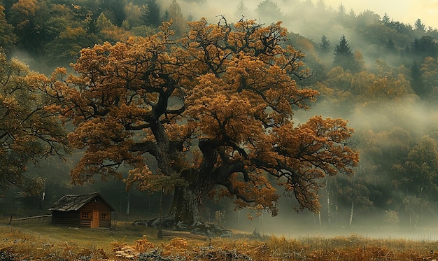 a tree with a green trunk is on a dirt path