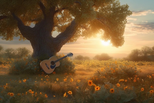 A tree with a guitar in a field of flowers