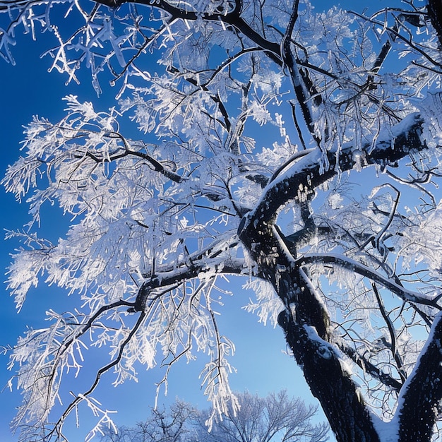 a tree with ice covered branches and a blue sky in the background