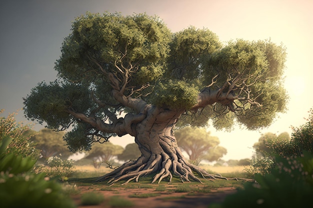 A tree with a large trunk and roots