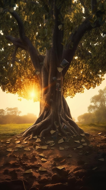 A tree with leaves and a book on it