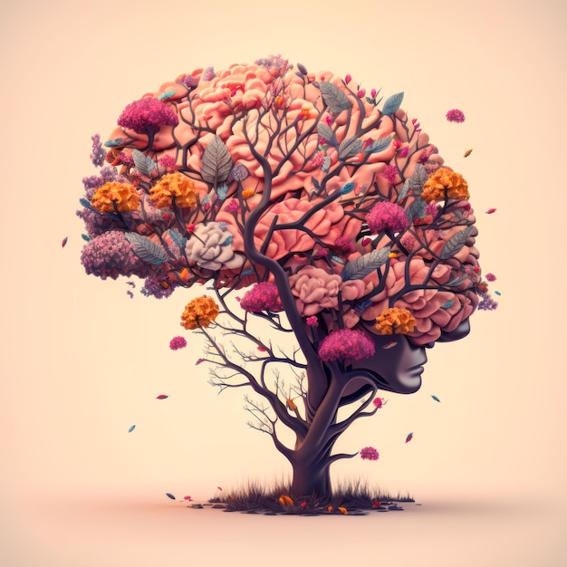 A tree with leaves and flowers in the form of a human brain Generative AI