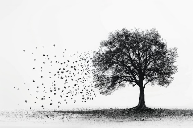 Photo a tree with leaves transforming into birds flying away on a white background