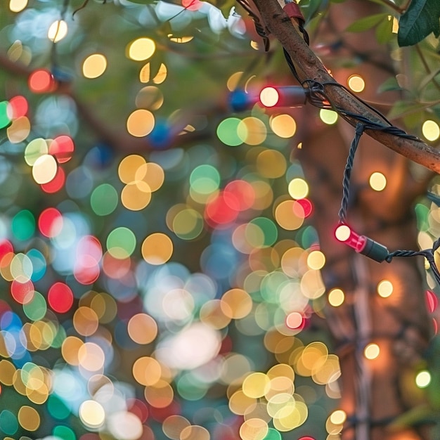 a tree with lights that are lit up and a blur of christmas lights are on the right