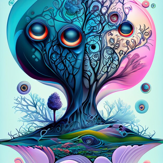 a tree with many eyes and a colorful background with the words quot eye quot on it