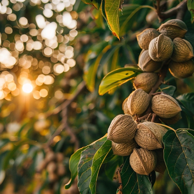 a tree with many nuts on it and a blurry background