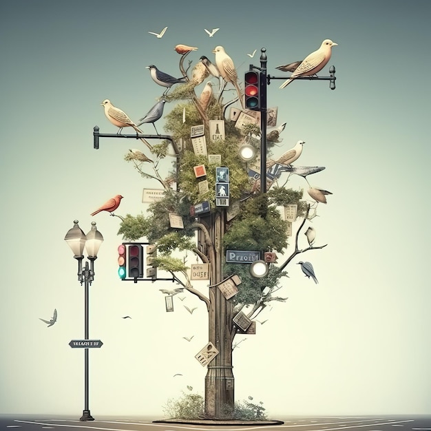 A tree with many signs and a tree with many birds on it.