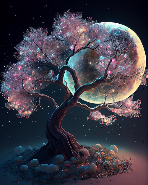 A tree with the moon in the background