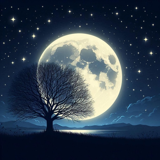 a tree with a moon and a sky with the moon and the moon