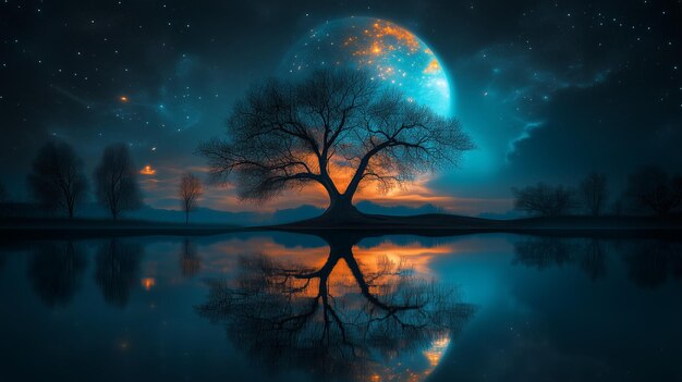 Photo a tree with a moon in the sky