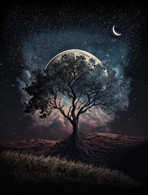 A tree with a moon and stars on it