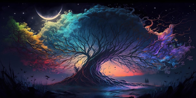 A tree with a moon and stars